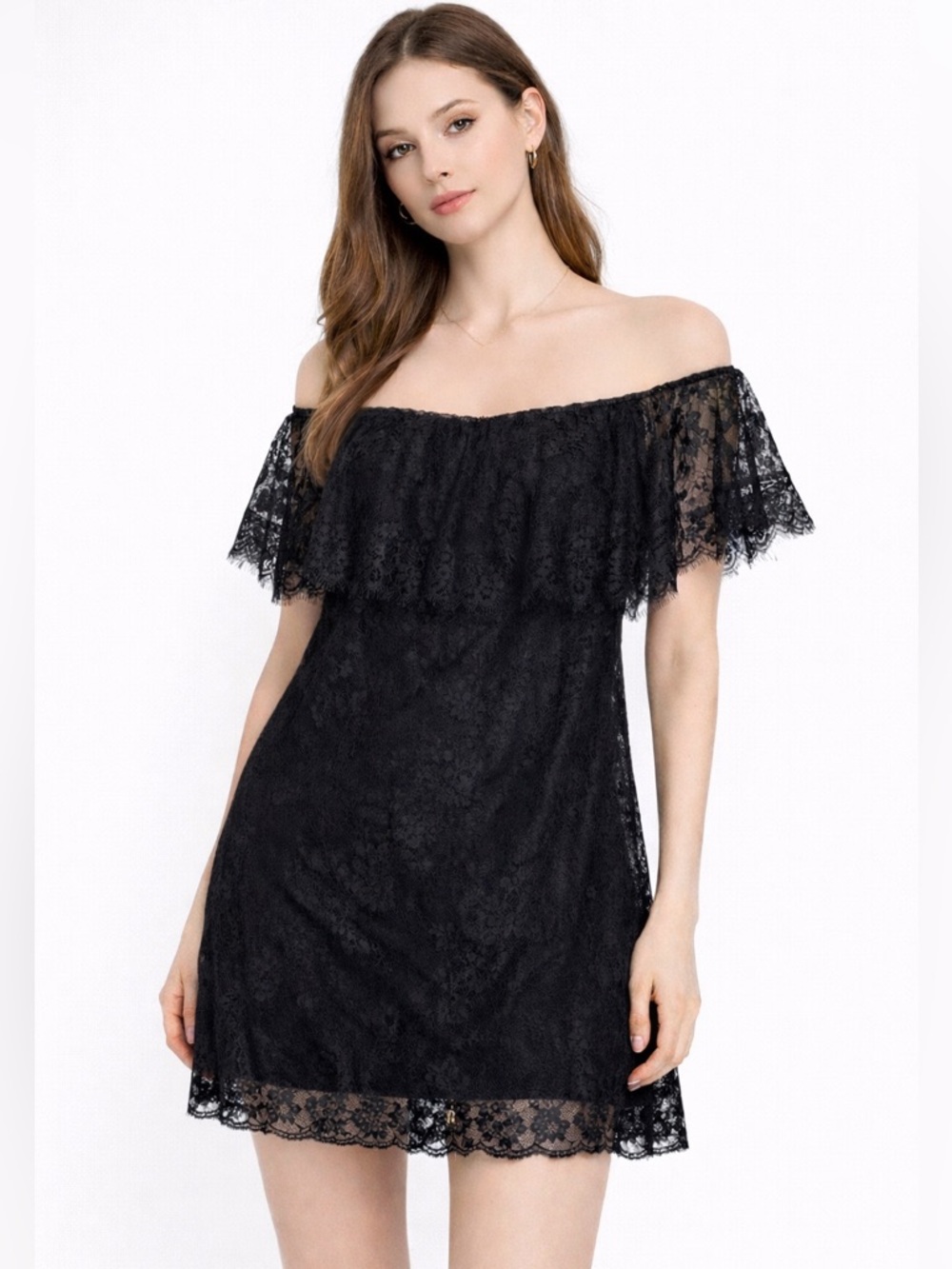 NWT Kate Kasin Lace Ruffle Off Shoulder Mini Dress XL Black Coquette Whimsigoth